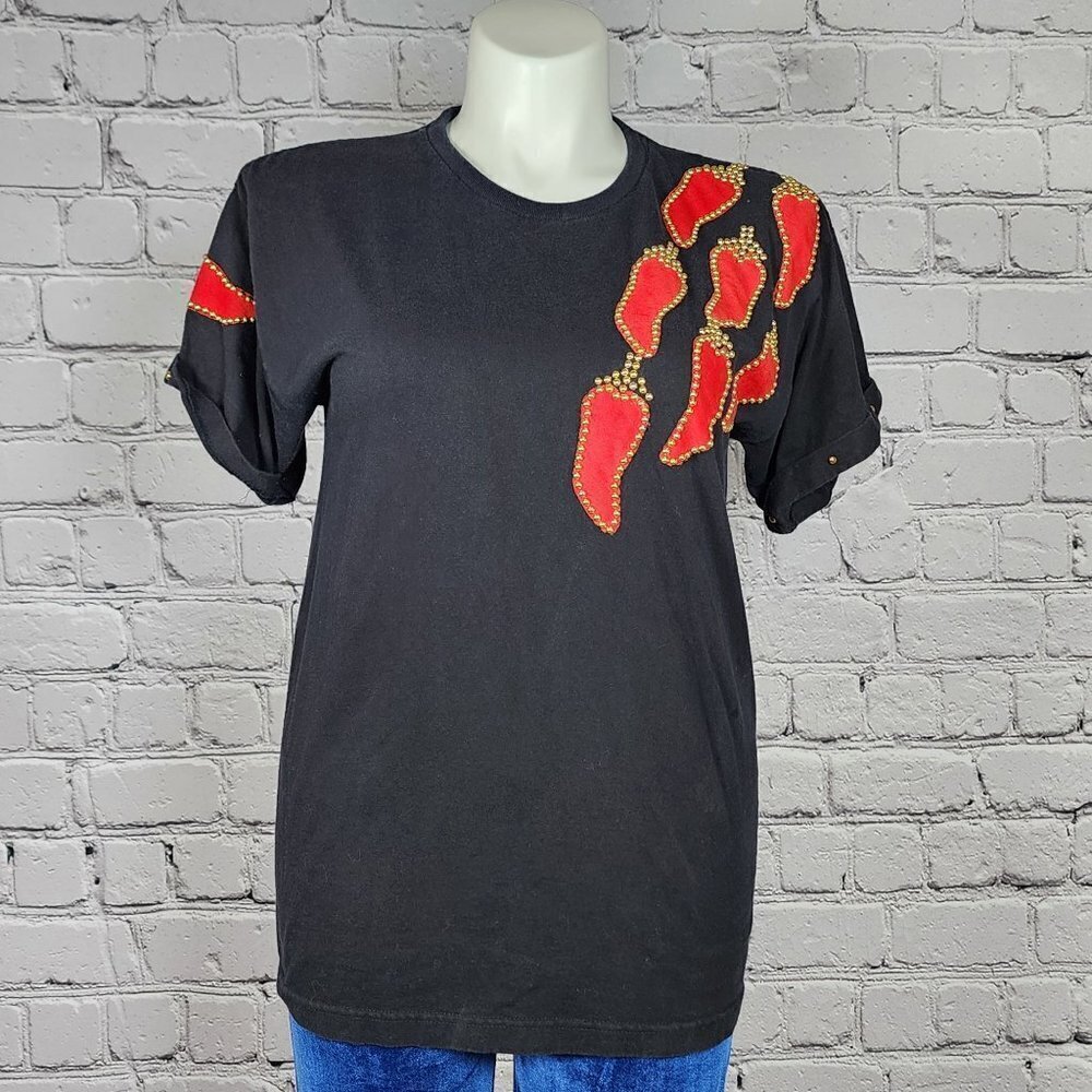 Murina Hot Peppers Black Cotton T-Shirt, Women's Large